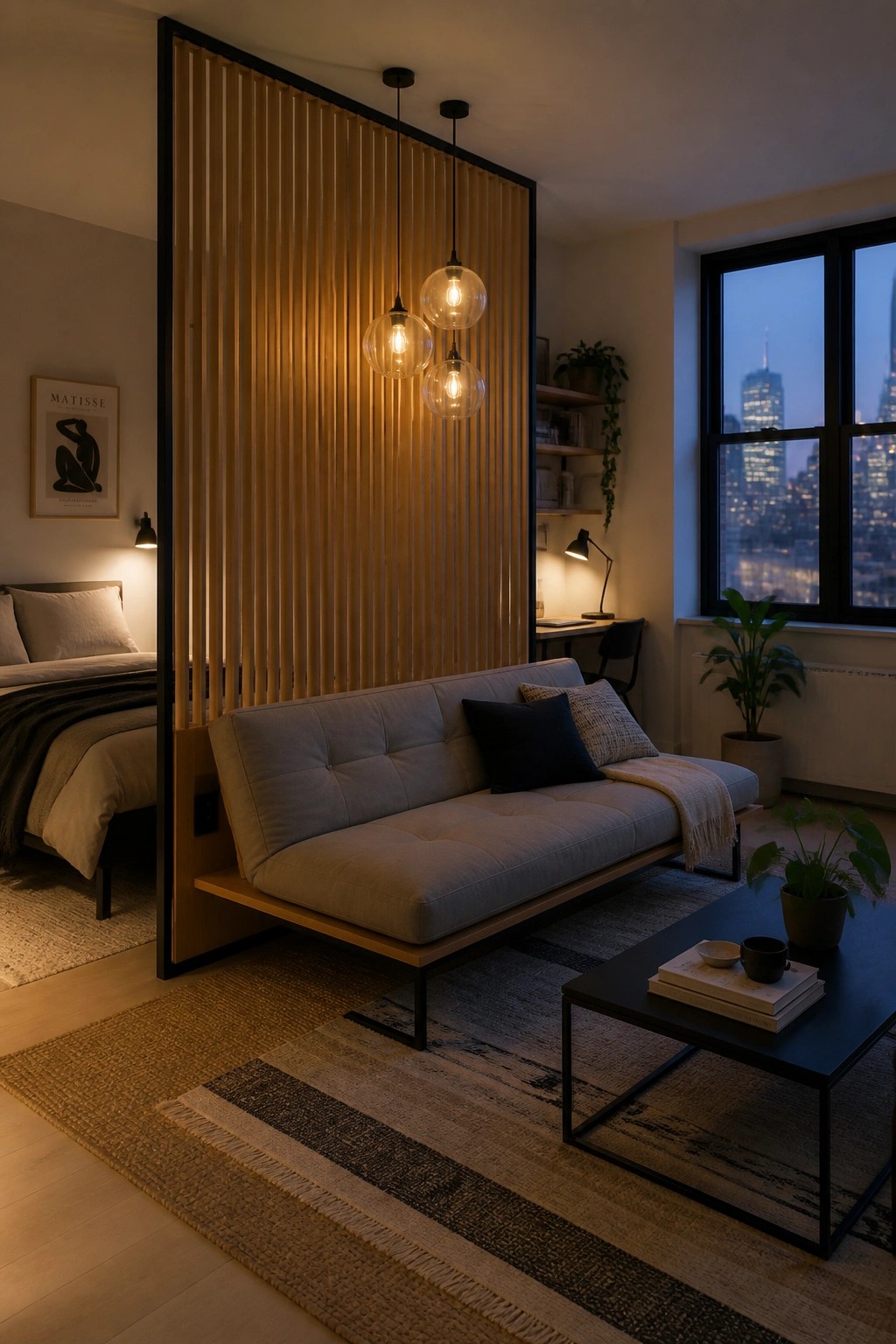 Interior view of a living area with a vertical wood slat partition separating it from a bedroom, featuring a gray sofa, pendant lights, and a city view through large windows.