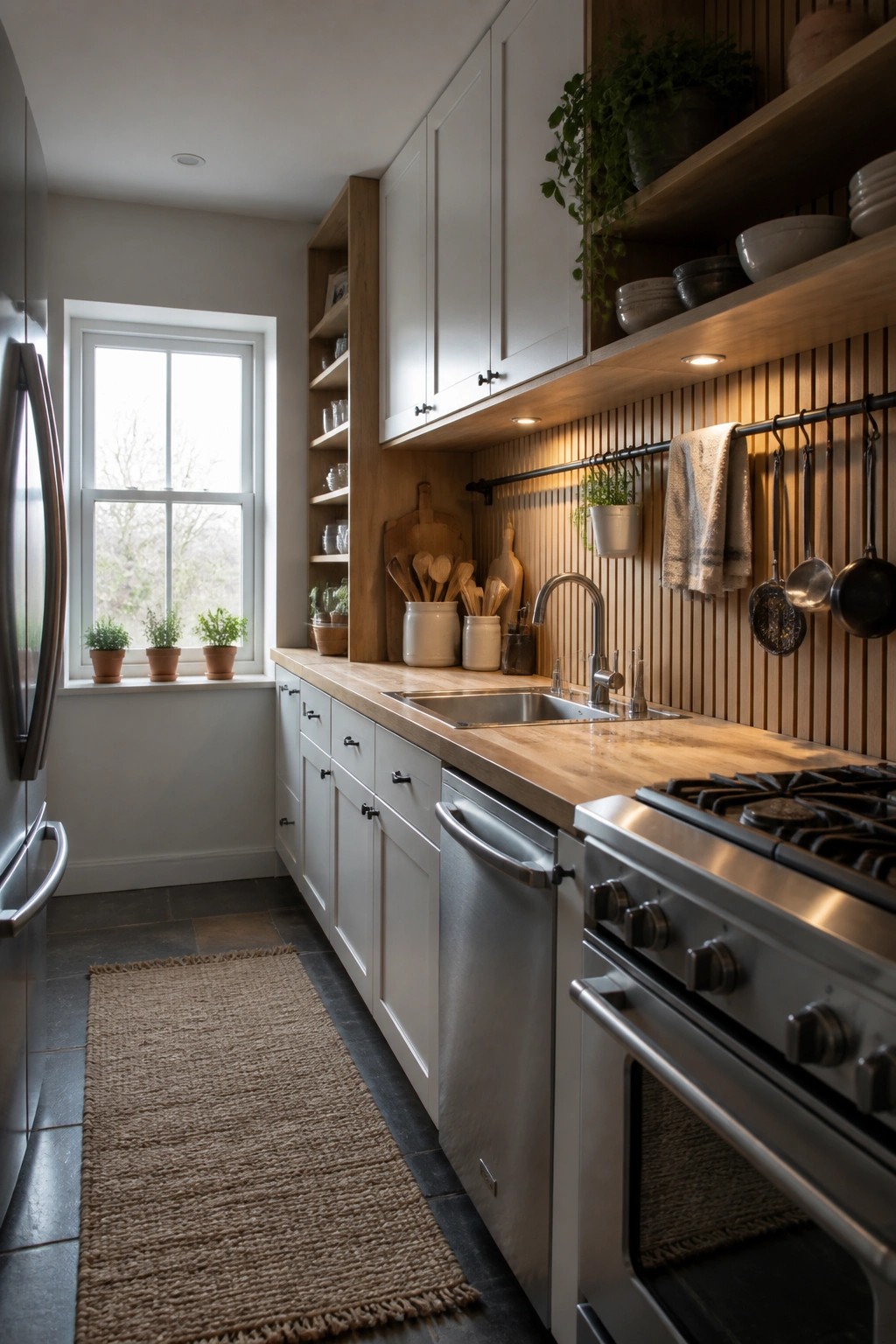 A kitchen interior showing white cabinets, wood countertops, a stainless steel range, and a vertical wood slat wall behind the sink area with a hanging rail.