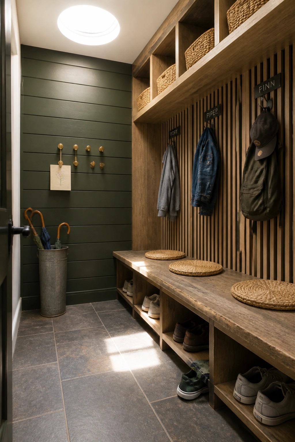 A narrow interior entry space with a dark green wall on the left and a wood slat feature wall on the right that includes hooks, labeled name tags, woven baskets, and built-in wooden storage with shoes and seating.