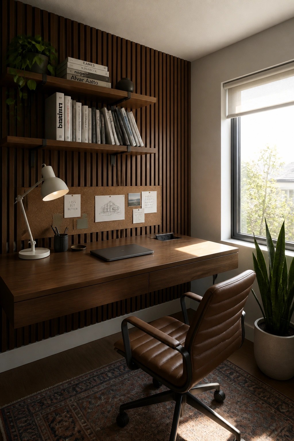 A home office with a vertical wood slat wall behind a floating wooden desk, shelves with books, a corkboard, a desk lamp, and a brown leather office chair.