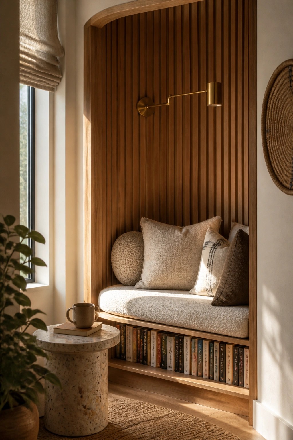 A recessed bench nook with vertical wood slats on the back wall, a white cushion, pillows, and books stored on a lower shelf.