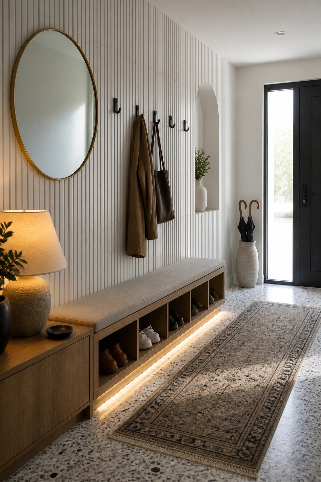 An entry hallway with a vertical wood slat wall, round mirror, black hooks holding coats and a bag, cushioned bench with illuminated shoe cubbies, and terrazzo flooring.