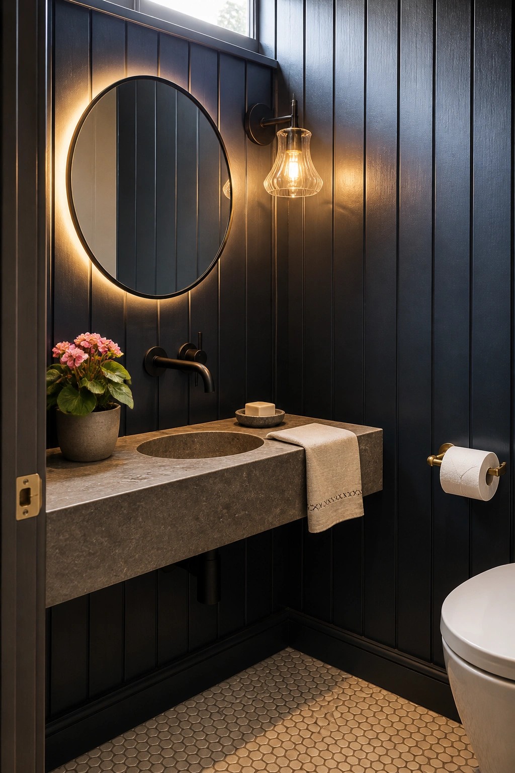 A bathroom interior with dark vertical wood panel walls, a floating stone sink vanity, round backlit mirror, wall sconce, and white toilet on a hexagonal tile floor.