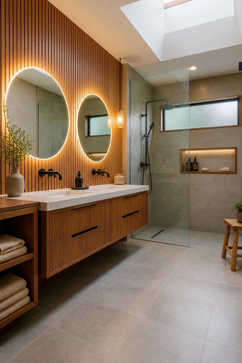 A bathroom vanity with a white marble top sits below two round backlit mirrors on a vertical wood slat wall, next to a glass-enclosed shower.