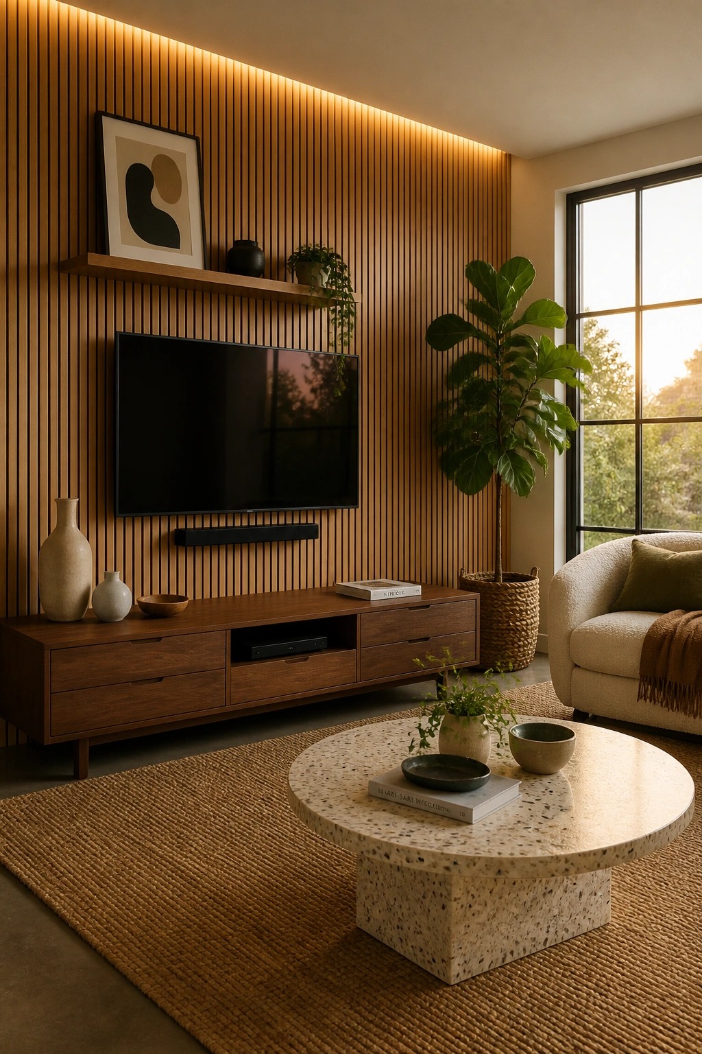 A modern living room with a vertical wood slat accent wall behind a wall-mounted TV, a floating shelf above, and a wooden media console below.