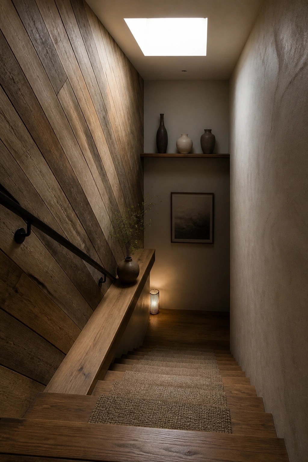 A narrow interior staircase with vertical wood slats covering the left wall, wooden treads with a woven runner, and a floating shelf holding three vases above a small framed artwork.