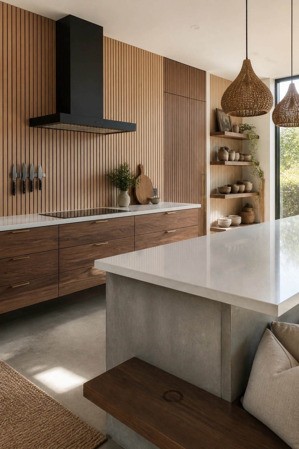 A modern kitchen with vertical wood slat walls, a black range hood, white countertops, and a concrete breakfast bar with a wooden bench.