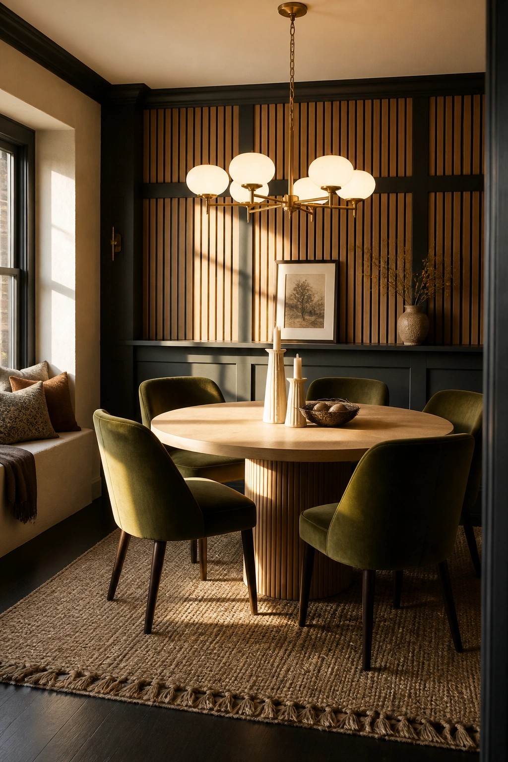 A dining room with a round wooden table, green velvet chairs, and a wall featuring vertical wood slats above dark paneling.