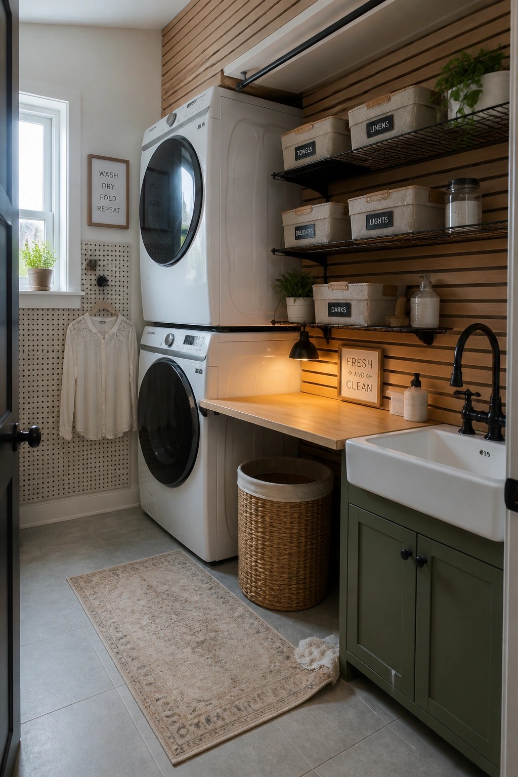 A laundry room with a vertical wood slat wall holding black wire shelves and storage bins, positioned next to stacked white washer and dryer units and a white sink with green cabinets.