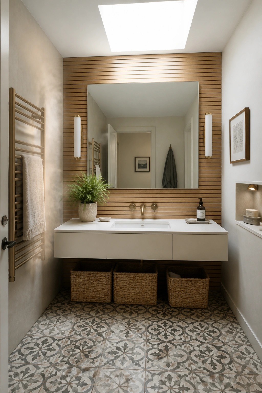 A bathroom vanity with a large mirror above a floating white sink, set against a background of horizontal wood slats, with three woven baskets below and patterned floor tiles.