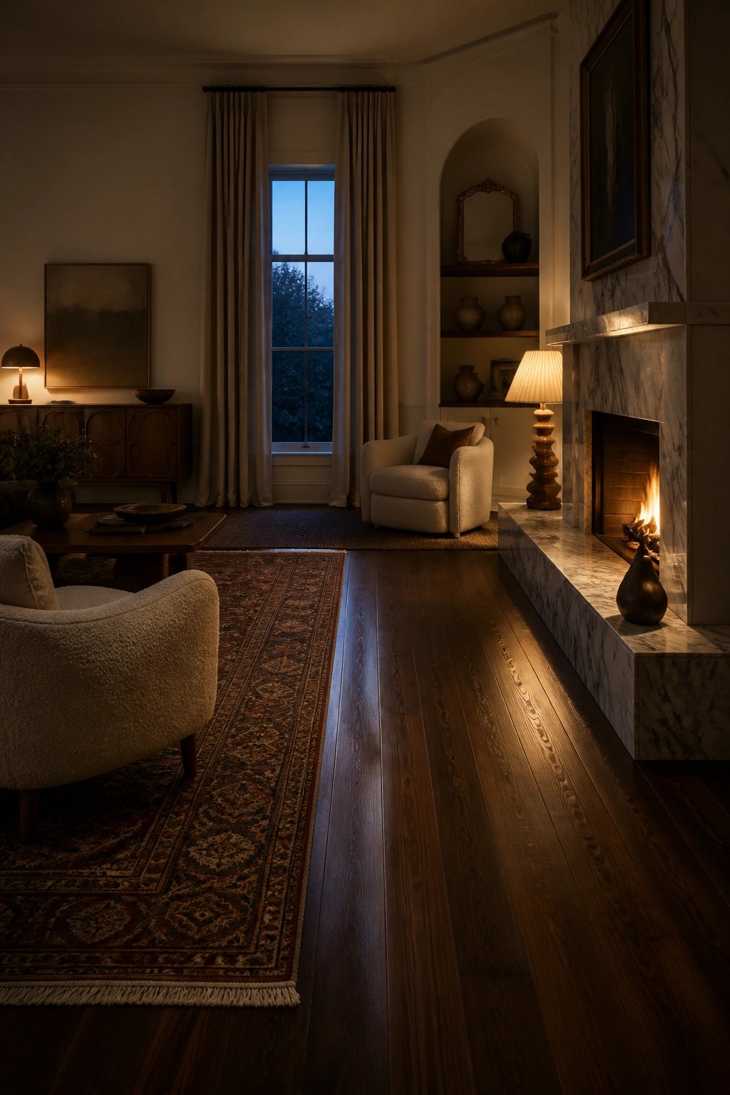 Dimly lit living room with marble fireplace, wooden floors, armchairs, and patterned rugs