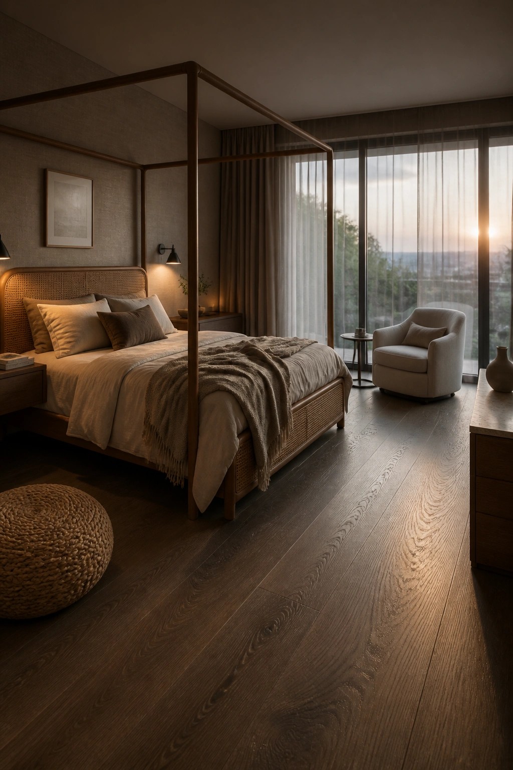 A bedroom with dark wood flooring, a four-poster bed with beige linens, a woven headboard, and large windows showing a sunset view.