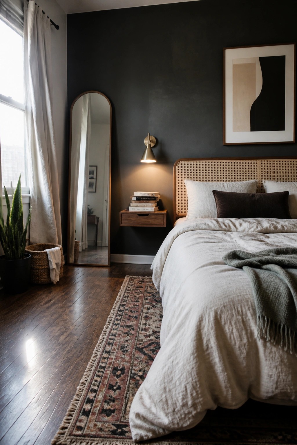 Cozy bedroom with cane headboard bed, arched mirror, dark walls, and rug.