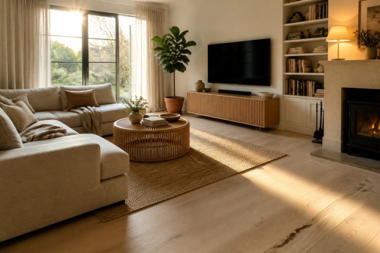 20 Natural Wood Flooring Ideas That Create Warm and Relaxed Living Spaces Sunlit living room with beige sectional sofa, woven coffee table, and stone fireplace
