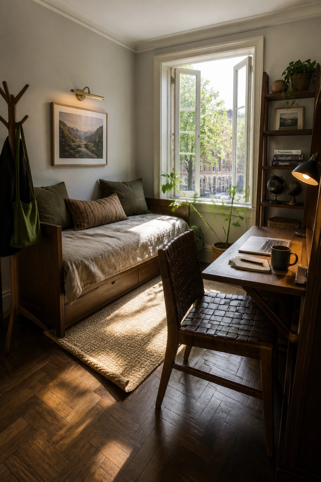 A small interior room with herringbone wood flooring, a wooden daybed with pillows, a desk and woven chair, and an open window with sunlight on the floor.