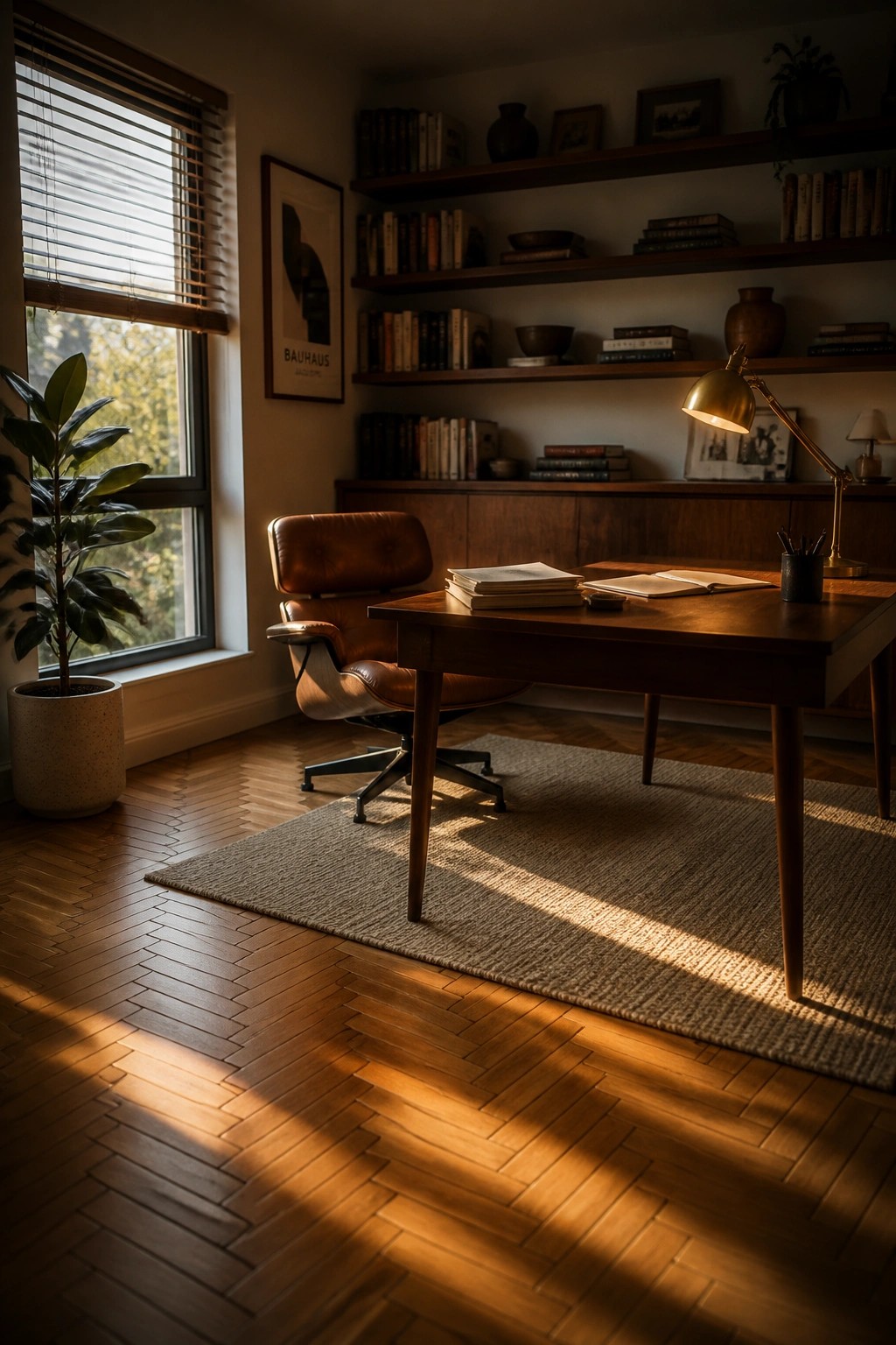 A home office with herringbone wood flooring, a wooden desk, a brown leather chair, and built-in bookshelves lit by sunlight from a window.