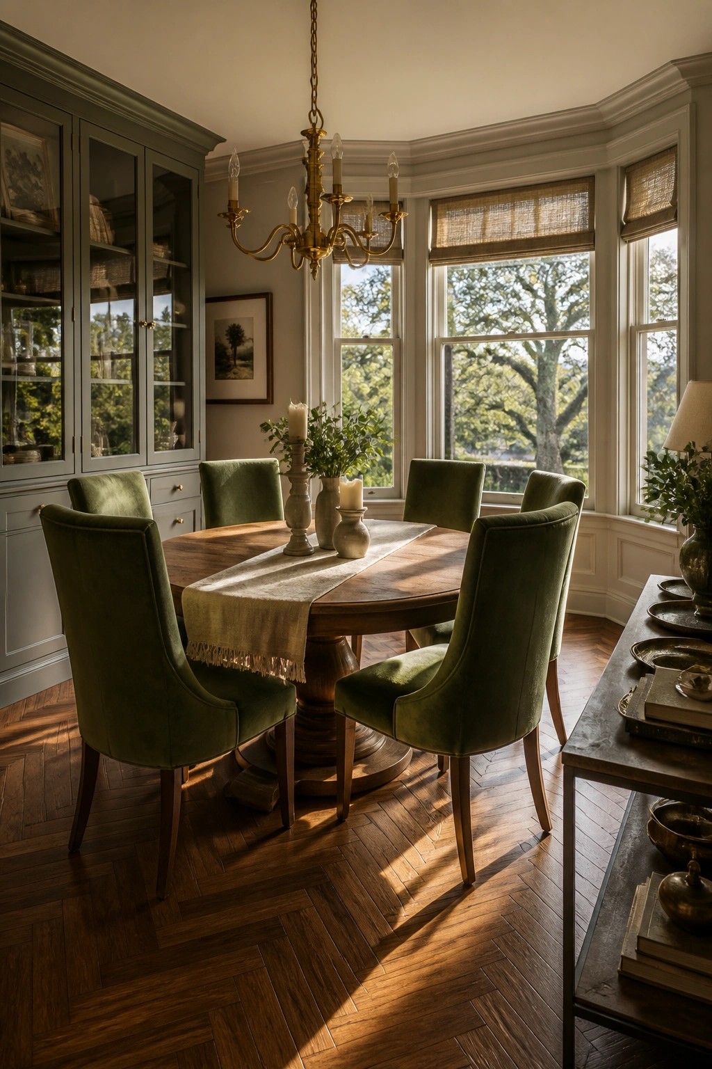 A dining room with herringbone natural wood flooring, a round wooden table surrounded by green velvet chairs, and large windows with woven shades.