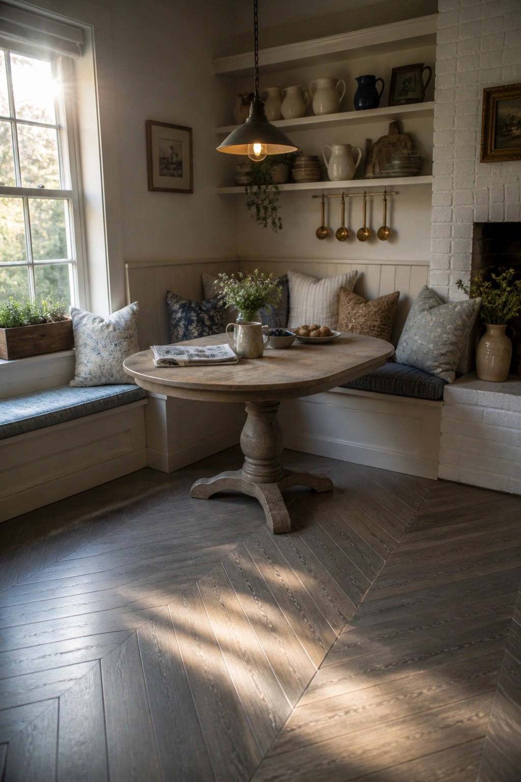 A bright interior corner featuring herringbone wood flooring, a round pedestal table with a pendant light above, built-in white benches with cushions, and open shelving against the wall.