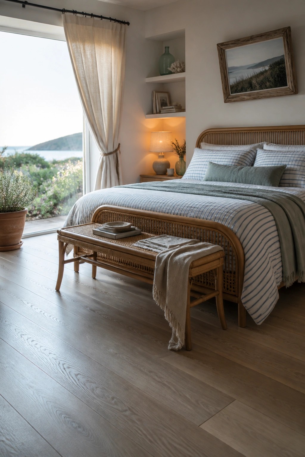 A bedroom with light natural wood plank flooring, a bed with striped linens and a green throw, a rattan bench at the foot of the bed, and a large window with sheer curtains.