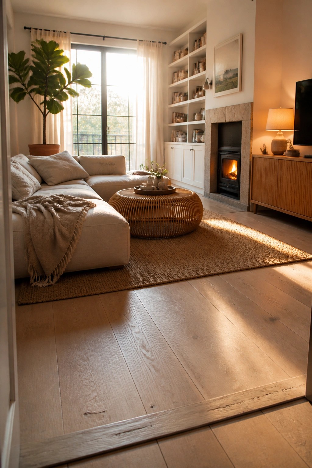 Sunlit living room with beige sectional sofa, woven coffee table, and stone fireplace