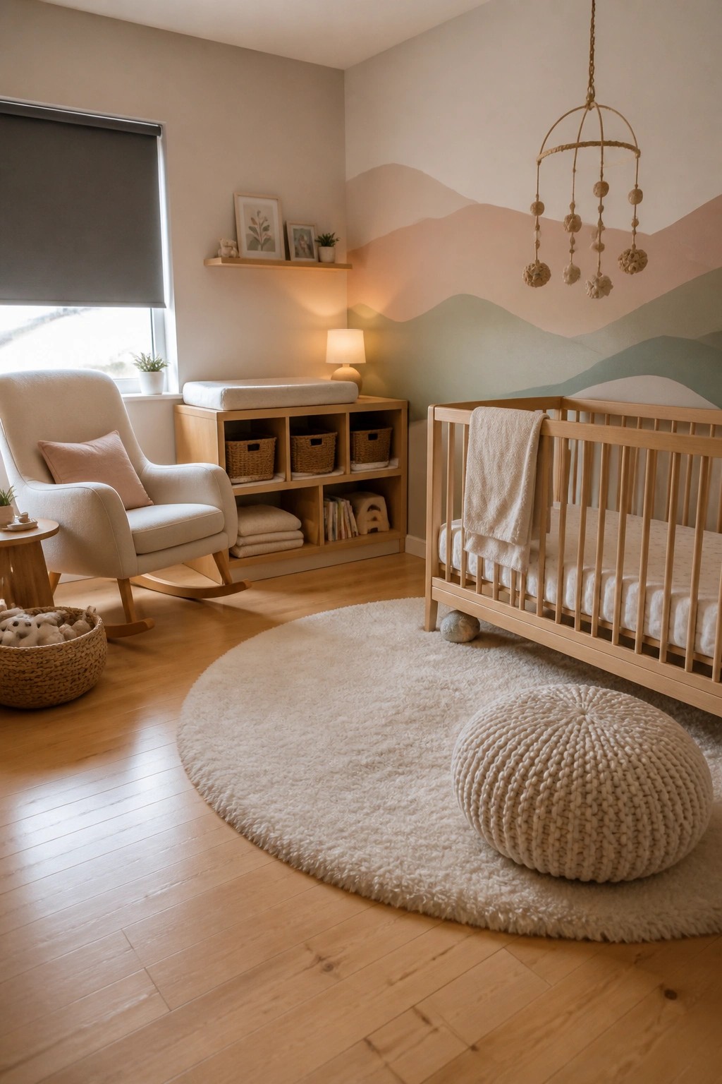 A nursery interior with light natural wood flooring, a wooden crib, rocking chair, storage unit, and round white rug.