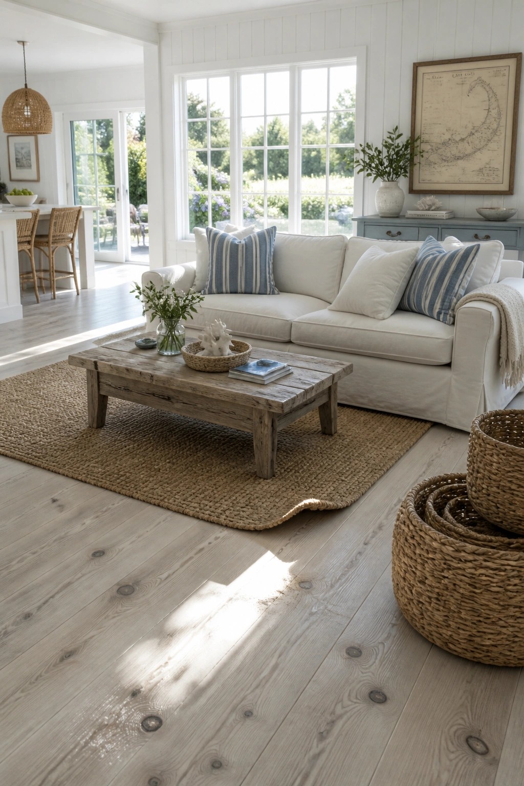 A bright living room featuring light natural wood flooring, a white slipcovered sofa with blue striped pillows, a rustic wood coffee table on a jute rug, and large windows in the background.