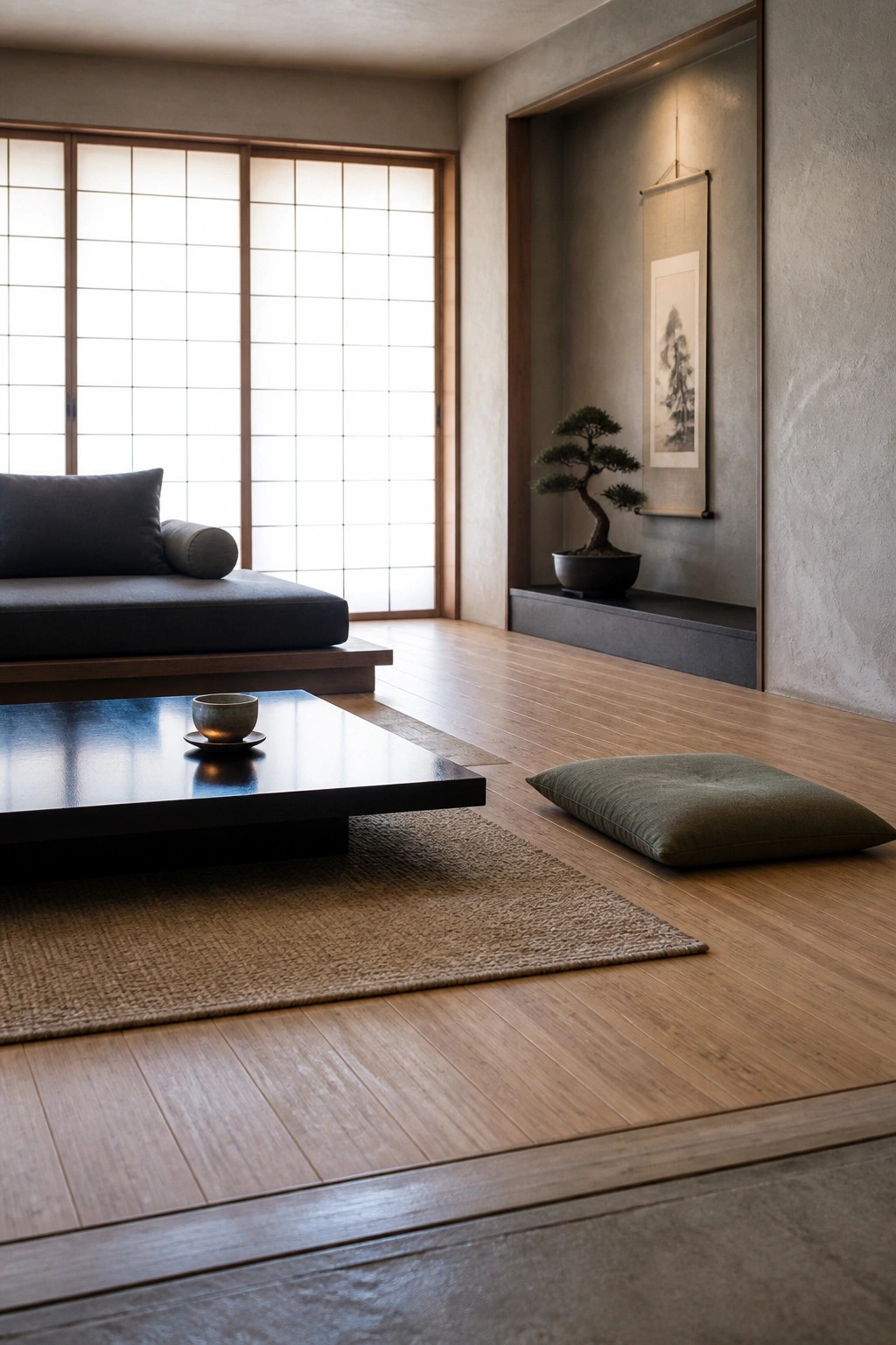 A minimalist interior with light wood plank flooring, a low dark platform sofa, a dark coffee table on a woven rug, and a bonsai in a recessed wall niche next to shoji screens.