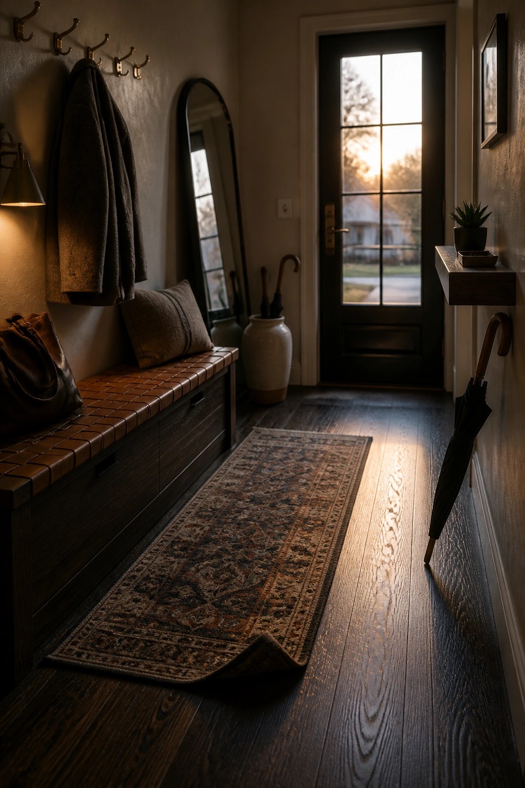 A narrow interior entry hallway with dark natural wood flooring, a long patterned runner rug, a wooden bench on the left, and a black door at the end.
