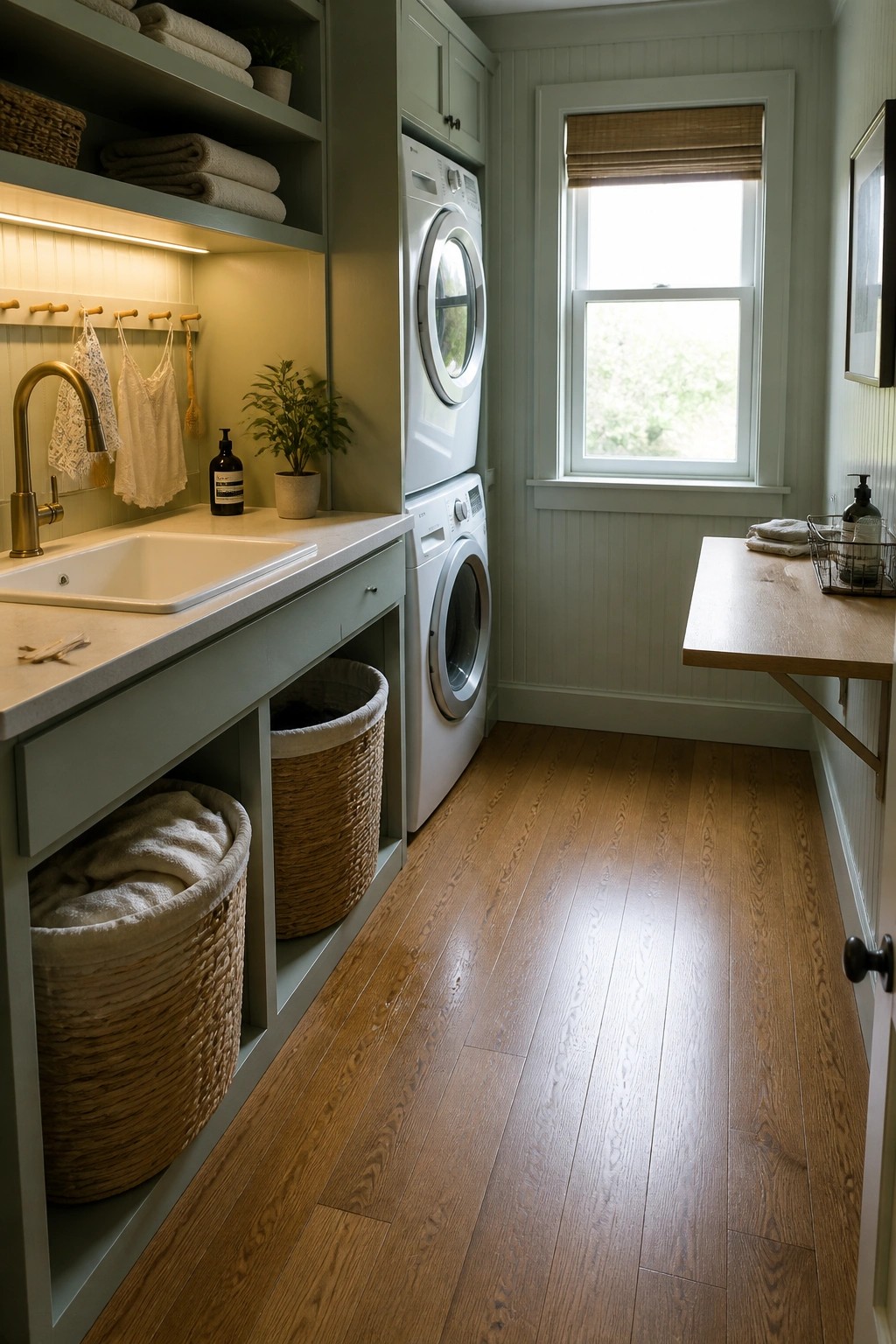 A narrow laundry room with natural wood plank flooring, white stacked washer and dryer, built-in sink and cabinets, and open shelving holding towels.