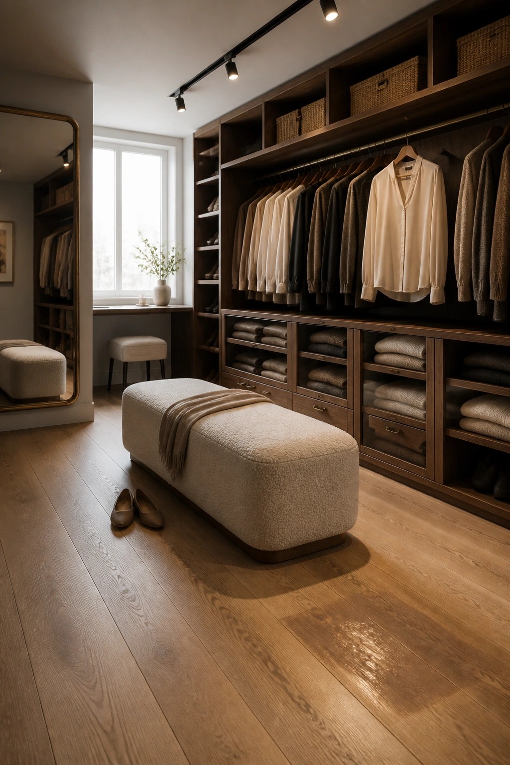 A walk-in closet with light natural wood flooring, dark wood built-in shelving and drawers, hanging clothes, woven baskets, and a large upholstered bench in the center.