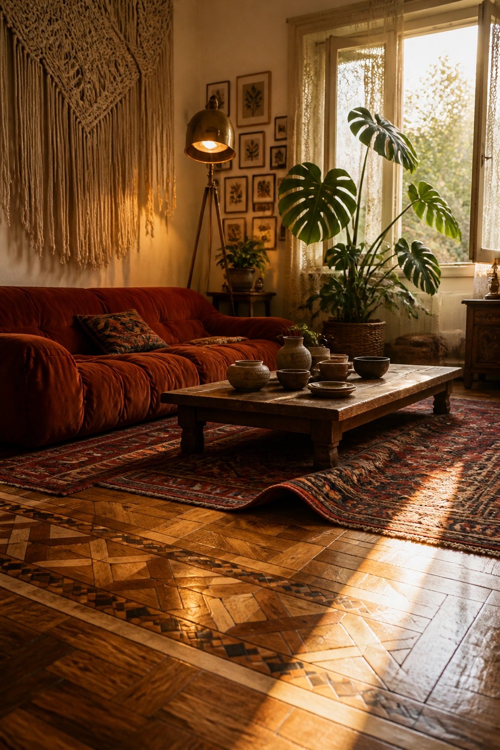 A living room interior featuring a red sofa, wooden coffee table on a patterned parquet floor, and large plants near a sunlit window.