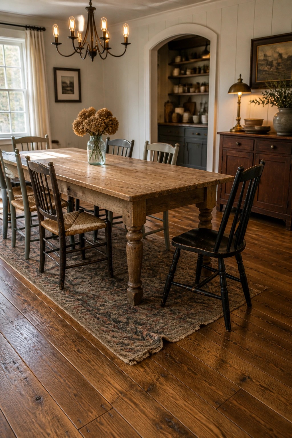 Rustic wooden dining table with mismatched chairs on a patterned rug in a farmhouse room.