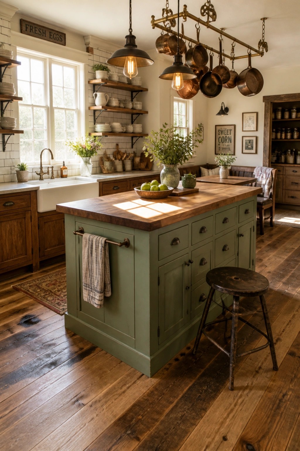 A kitchen interior featuring wide plank hardwood flooring, a green island with a wooden countertop, and open shelving along a white tile wall.