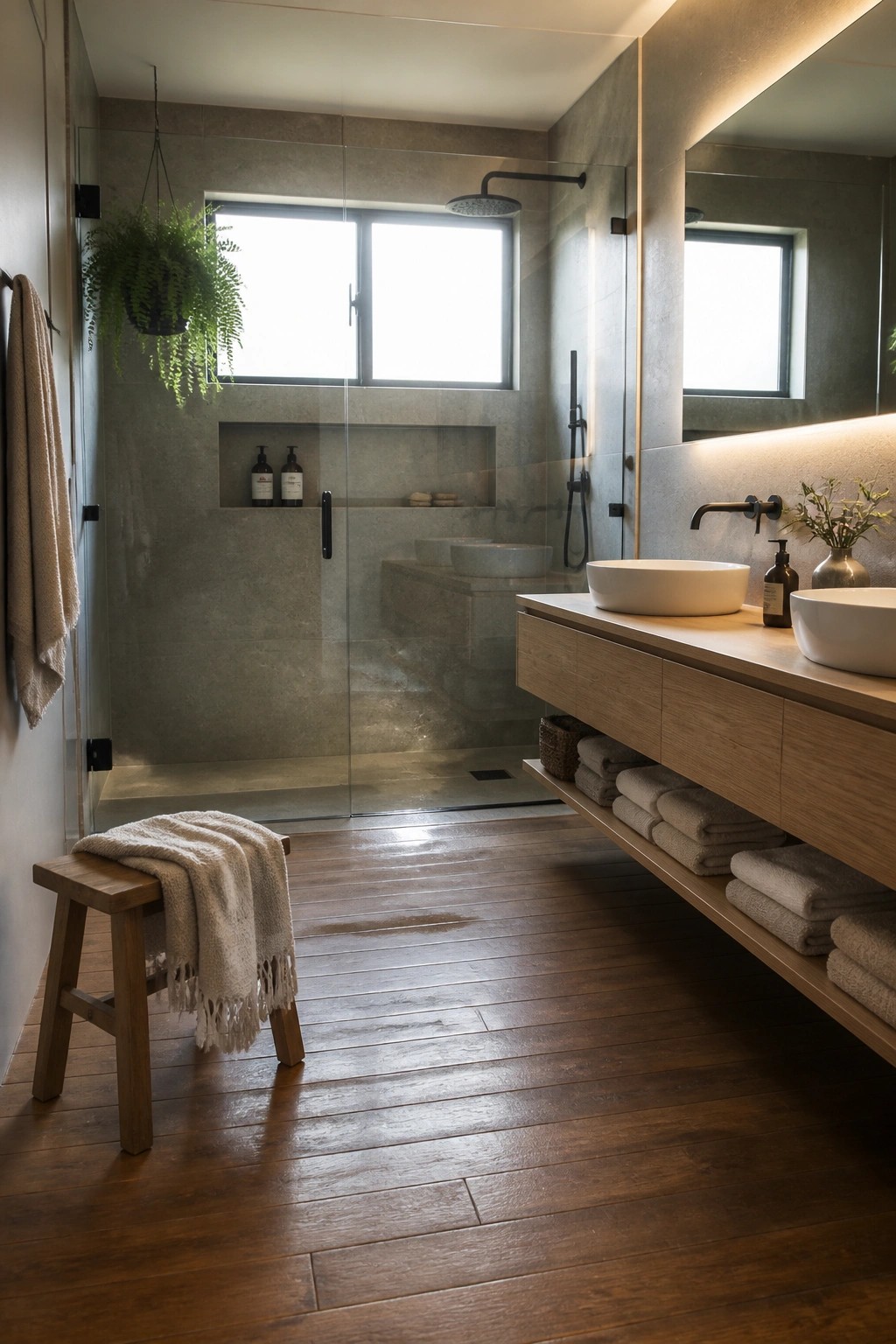 A bathroom interior featuring dark wood flooring, a glass-enclosed shower, a floating light wood vanity with two white vessel sinks, and a small wooden stool holding a folded towel.
