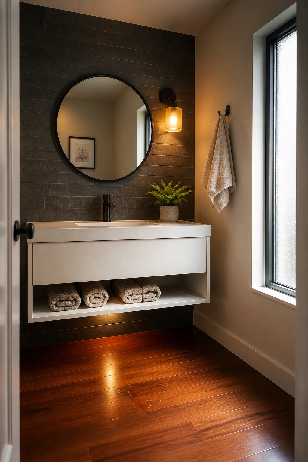 A modern bathroom with a white floating vanity, round mirror on a dark tiled wall, warm wood flooring, and a window on the right.