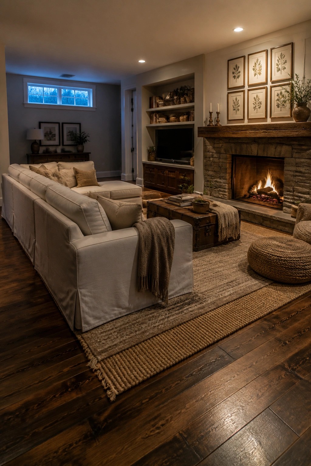 A living room with dark wide plank wood flooring, a large white sectional sofa, layered rugs, and a stone fireplace.