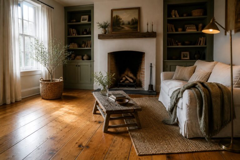 20 Rustic Pine Wood Flooring Ideas for Casual Farmhouse Interiors A living room featuring wide rustic pine wood flooring, a light-colored sofa, a wooden coffee table on a jute rug, green built-in bookshelves, and a white fireplace with a lit fire.