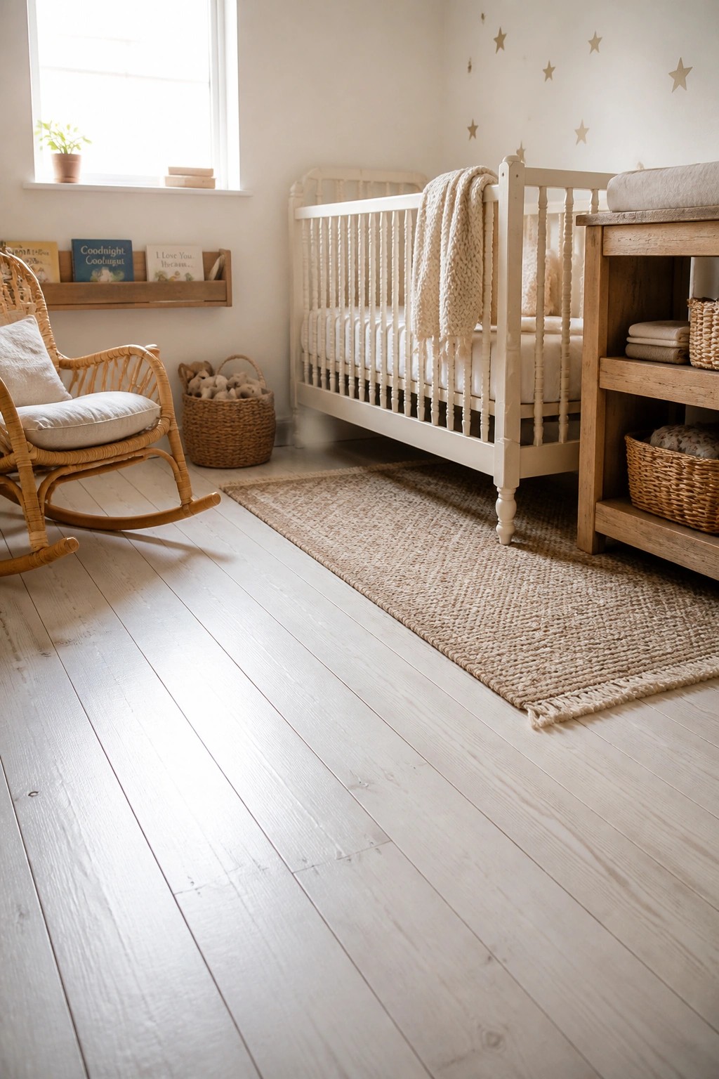 A bright nursery with white pine wood flooring, a white crib, a wicker rocking chair, and a jute rug.