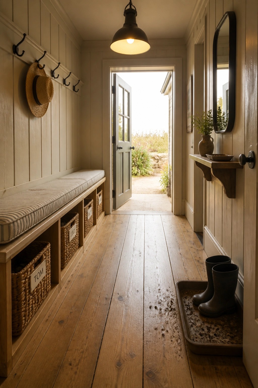 A narrow interior entryway with wide rustic pine wood flooring, a built-in bench with labeled woven baskets underneath, wall hooks holding a straw hat, and an open door leading outside to a garden path.