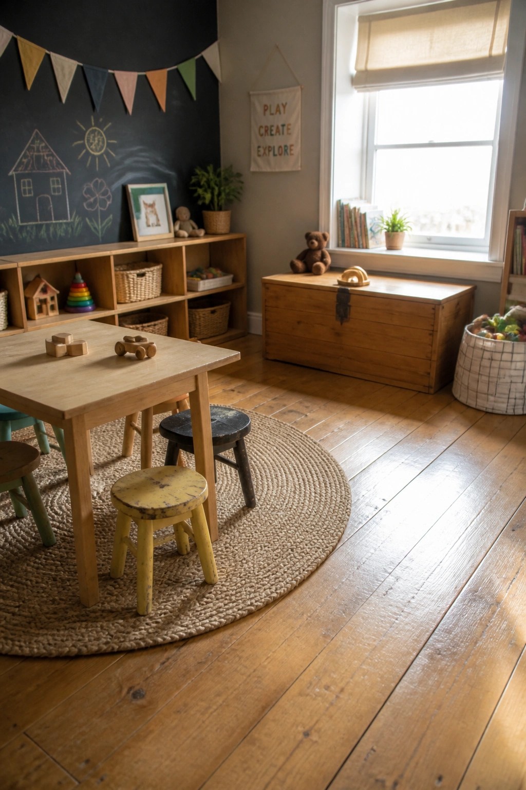 A children's playroom featuring rustic pine wood flooring, a low wooden table with stools on a round woven rug, toy storage shelves, a chalkboard wall, and a large window with a wooden toy chest.