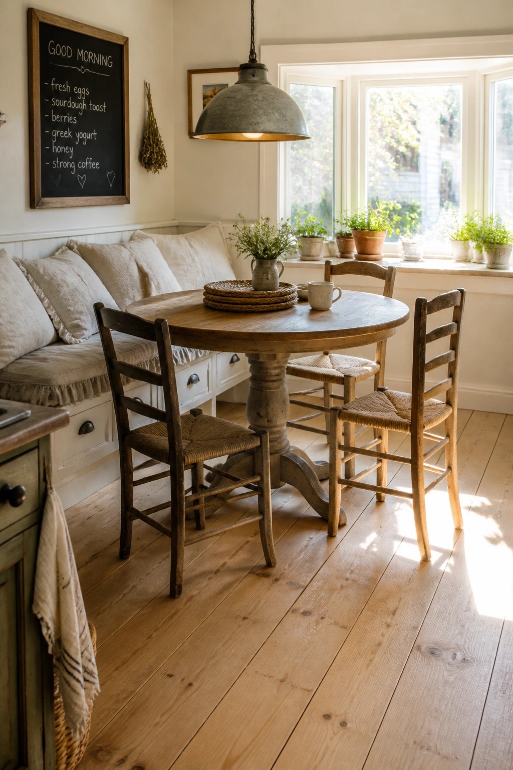 A round wooden dining table with woven seat chairs sits on light pine plank flooring beside a window seat and chalkboard in a bright room.