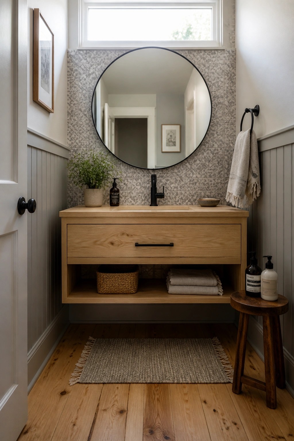 A bathroom with wide plank pine wood flooring, a floating light wood vanity, round black mirror, and open storage beneath the sink.