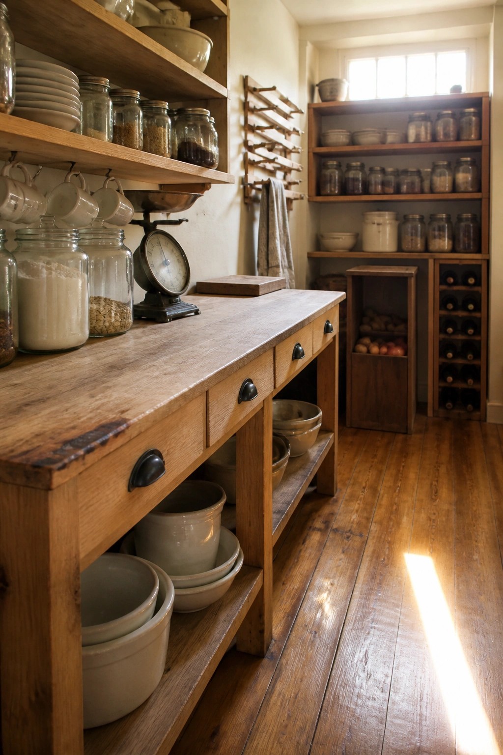 Rustic wooden pantry counter with shelves of glass jars, bowls, and vintage scale.