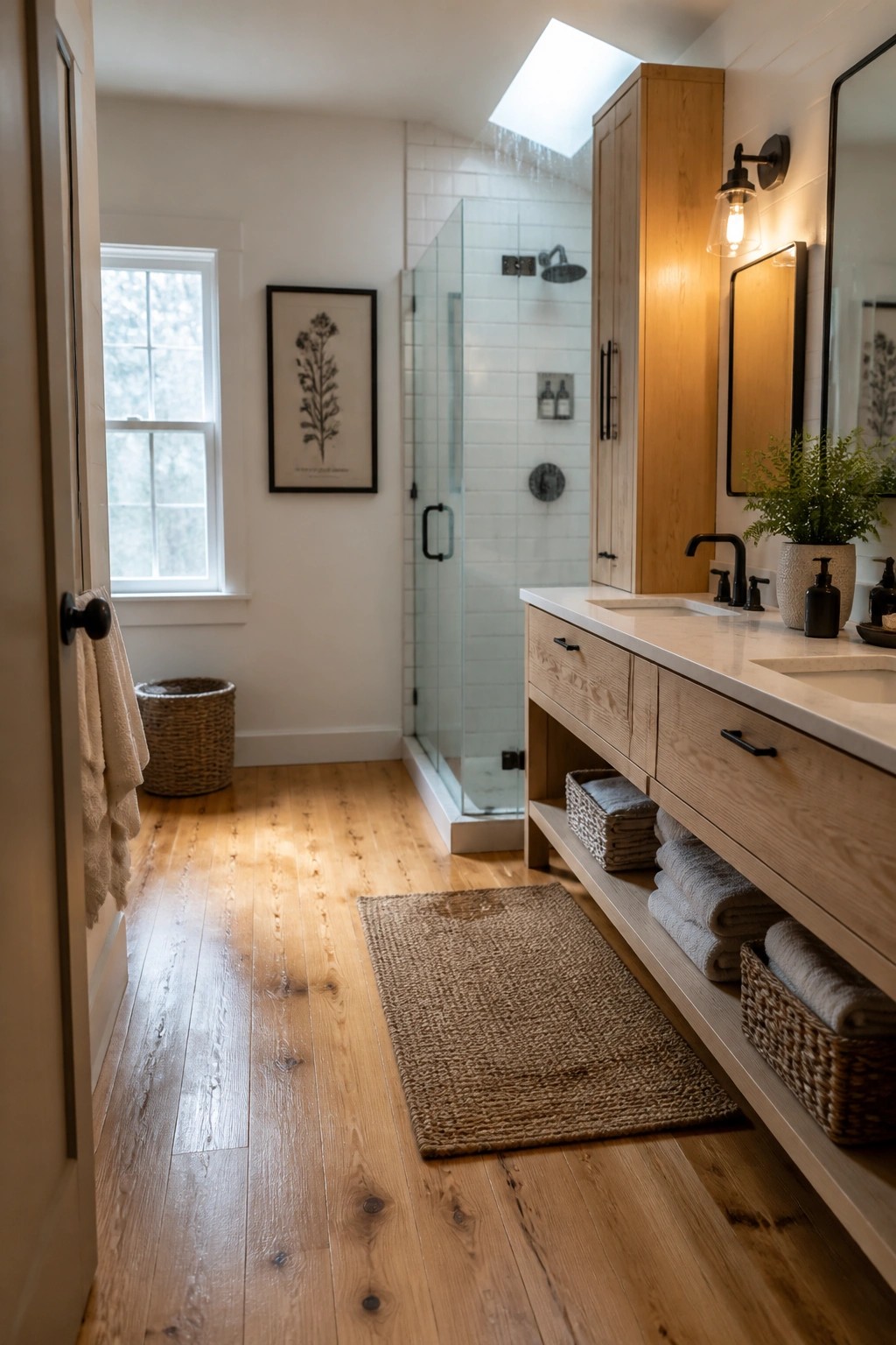 A bright bathroom with light pine wood flooring, a wooden vanity with open shelving, and a glass-enclosed shower with white subway tiles.