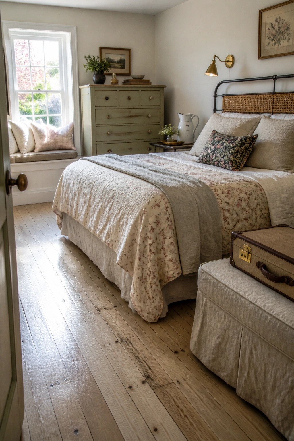 A bedroom with light rustic pine wood flooring, a bed with floral and neutral linens, a green dresser, and a window seat with cushions.