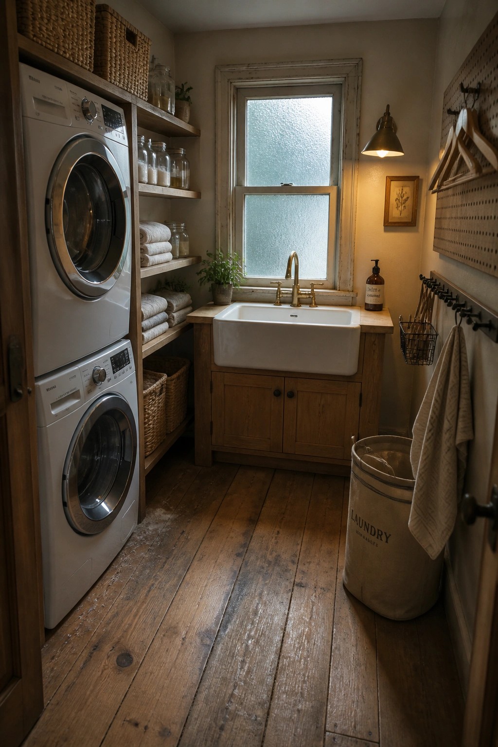 Rustic laundry room with stacked washer dryer, farmhouse sink, wooden shelves and floor