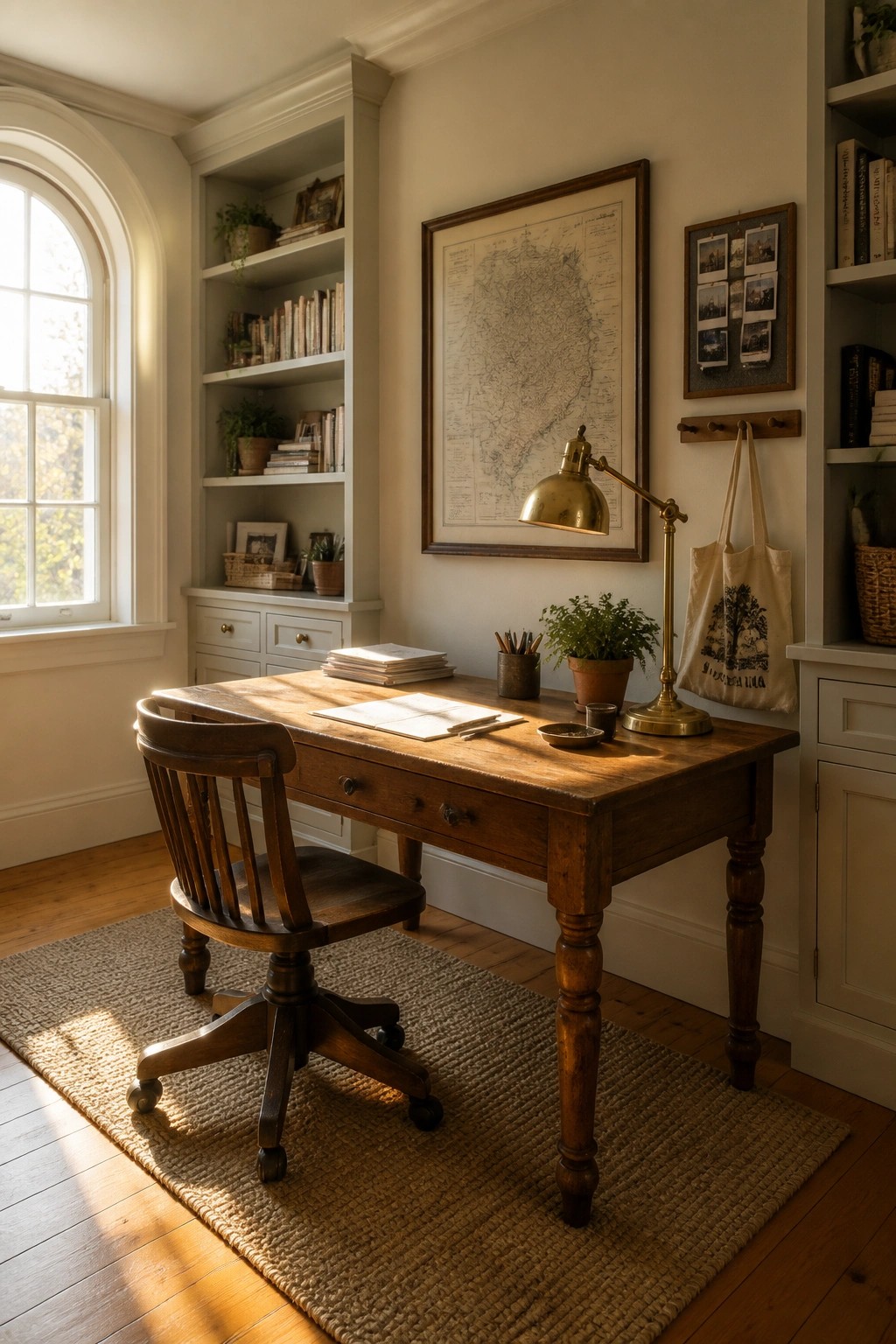 A rustic wooden desk and swivel chair sit on a large jute rug over pine flooring in a sunlit home office with built-in bookshelves.