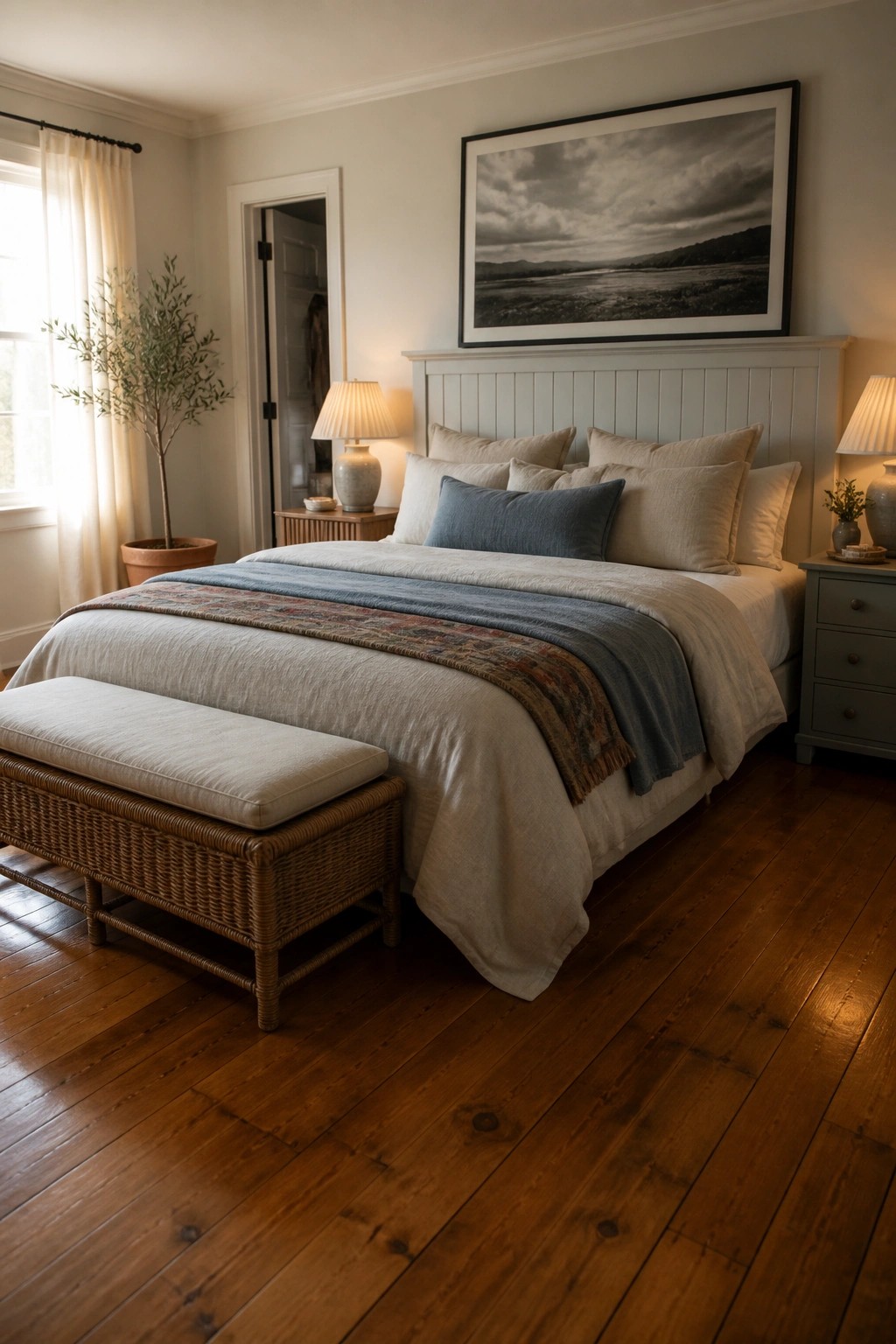 A bedroom with wide rustic pine wood flooring, a bed with neutral linens and a blue throw, a wicker bench at the foot, and a large black and white landscape print above the headboard.