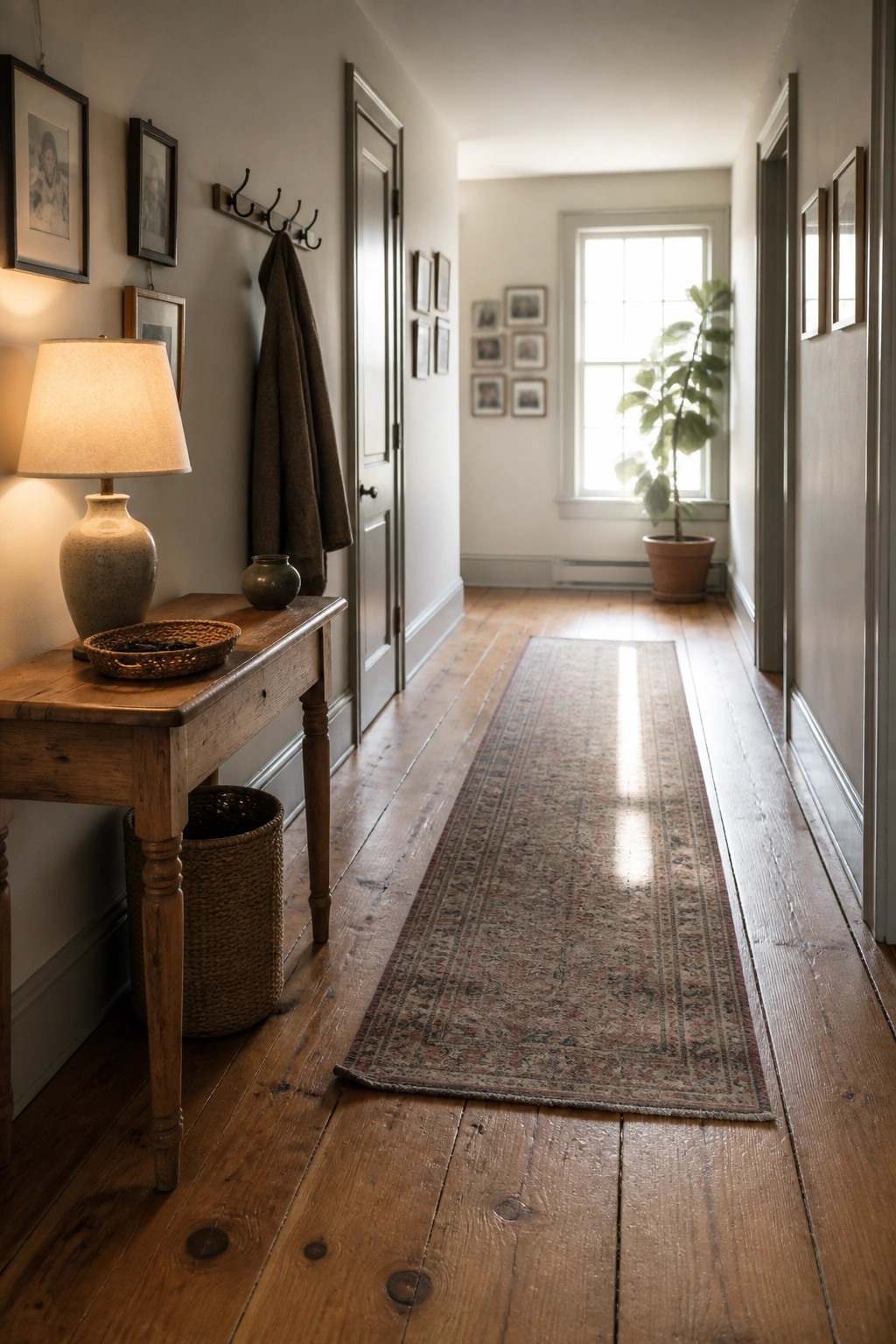 A long narrow hallway with rustic pine wood flooring, a patterned runner rug down the center, and a wooden console table with a lamp on the left.