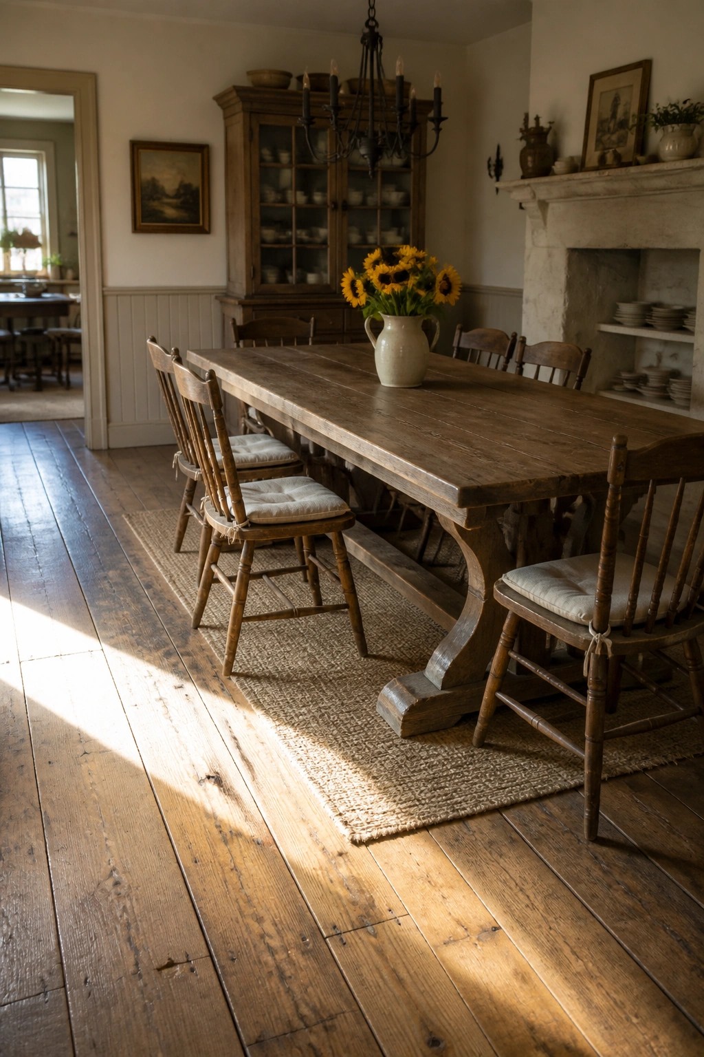 A rustic dining room featuring wide pine wood flooring, a long wooden table with a vase of sunflowers, and wooden chairs on a woven rug.